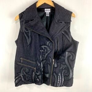 Chico's Faux Leather Beaded Biker Goth Grunge Moto Zip Up‎ Vest Black 1 Medium